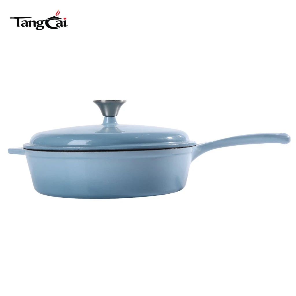 Olla grande personalizada de hierro fundido esmaltado en azul cielo de 5,5 cuartos de gal&oacute;n, cacerola profunda multiuso, sart&eacute;n con mango largo