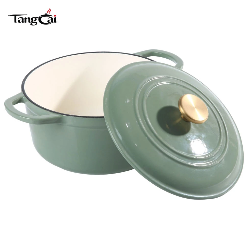 Hierro fundido esmaltado 5 cuartos moderno verde salvia Horno holand&eacute;s con perilla dorada para hornear pan con masa madre