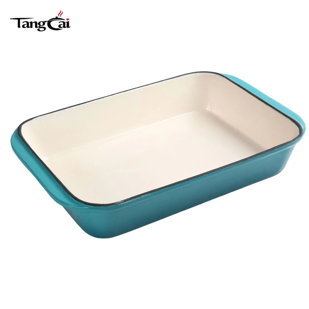 Fundici&oacute;n esmaltada en color verde azulado personalizado Bandeja para asar de hierro: cacerola rectangular para mariscos