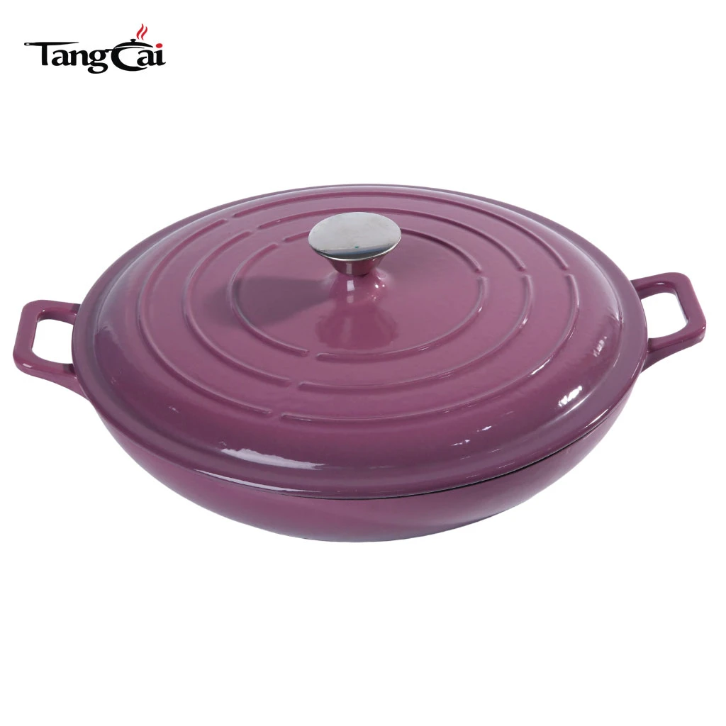 Olla holandesa poco profunda de hierro fundido esmaltado color morado uva, cacerola multiusos para mariscos de 3,8 cuartos de gal&oacute;n