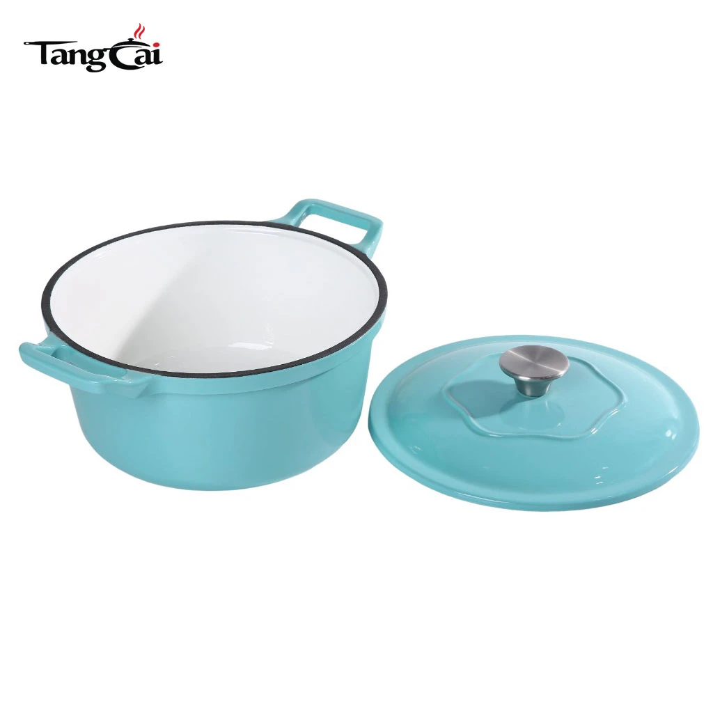 Redonda cl&aacute;sica de 5 cuartos Horno holand&eacute;s de hierro fundido esmaltado: cazuela azul Tiffany para sopa para hornear pan de masa fermentada