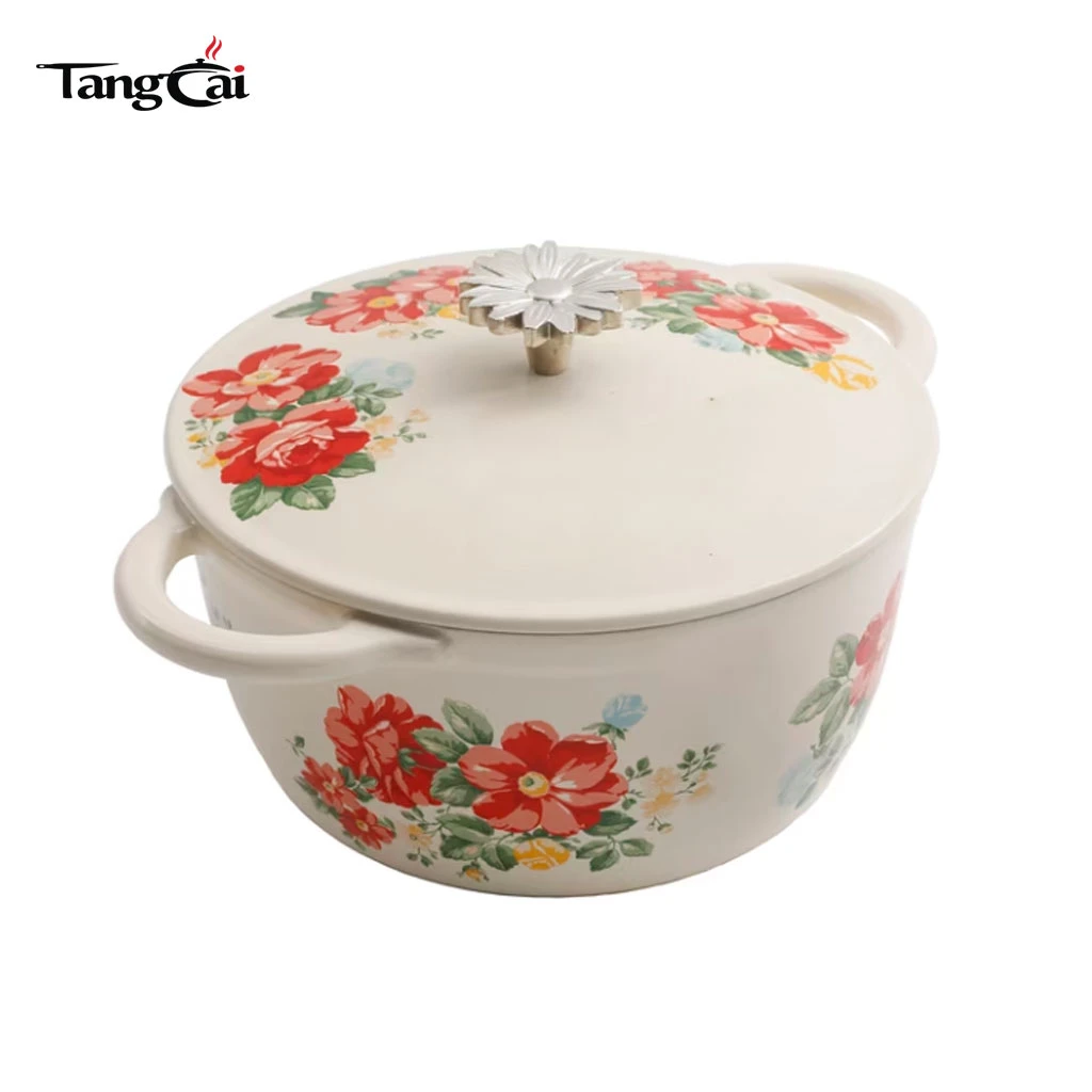 Horno holand&eacute;s vintage de hierro fundido esmaltado con flores rojas con tapa, cazuela apta para inducci&oacute;n para estofar, guisar y hornear masa madre