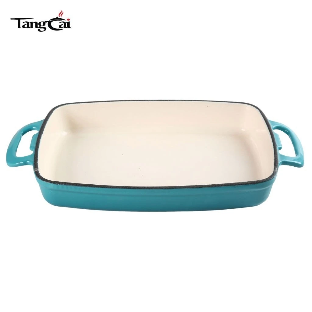 Sart&eacute;n para asar de hierro fundido esmaltado OEM, cacerola rectangular con asa hueca Mangos