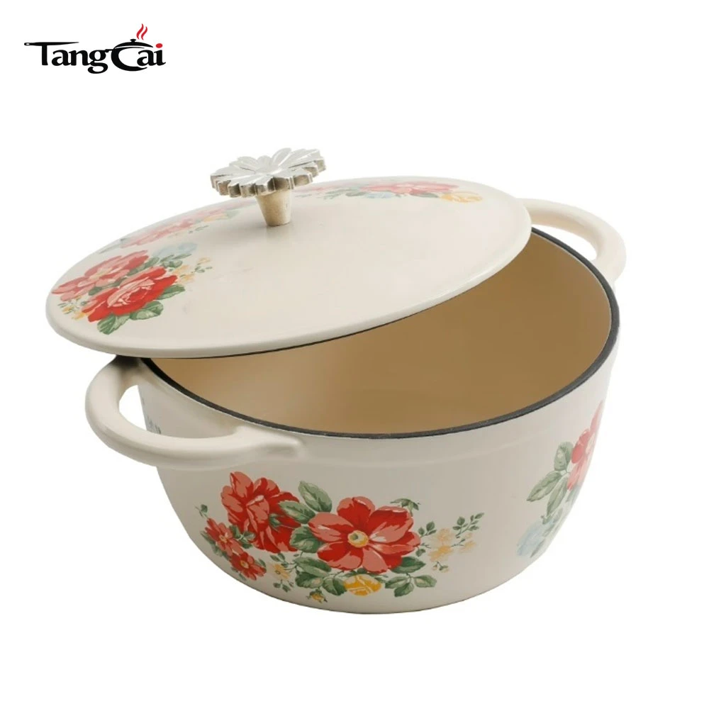 Horno holand&eacute;s vintage de hierro fundido esmaltado con flores rojas con tapa, cazuela apta para inducci&oacute;n para estofar, guisar y hornear masa madre