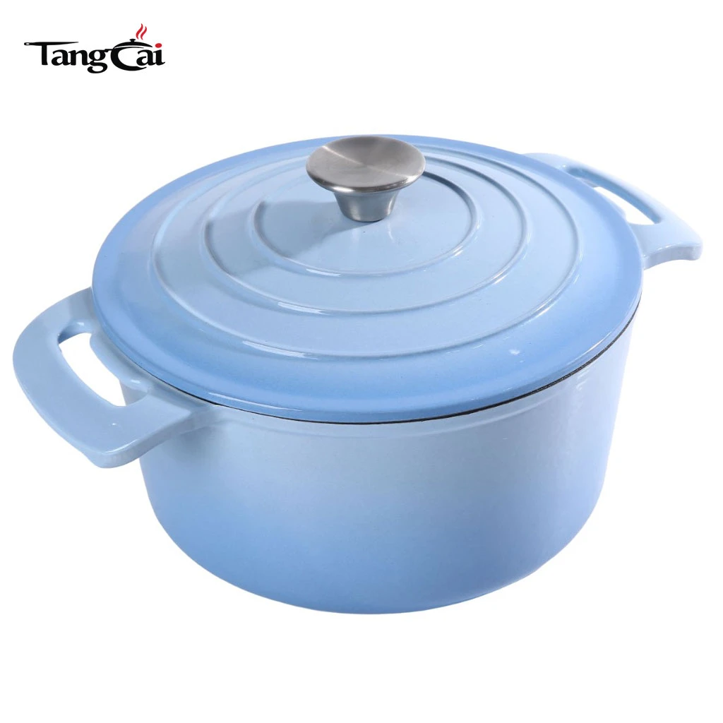 Suministro de f&aacute;brica, horno holand&eacute;s de hierro fundido esmaltado de color azul claro, cacerola de tama&ntilde;o familiar