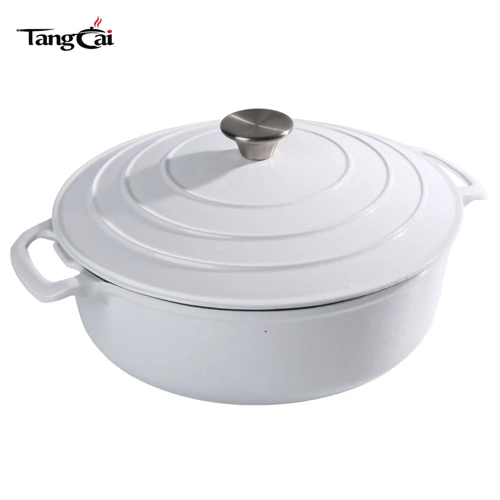 Fundido esmaltado en blanco brillante poco profundo Olla de hierro para cazuela multiusos para mariscos con tapa