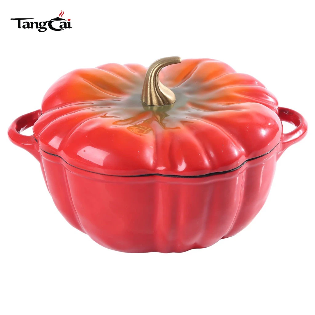 Holand&eacute;s de hierro fundido esmaltado con forma de calabaza roja degradada Horno con revestimiento interior negro mate