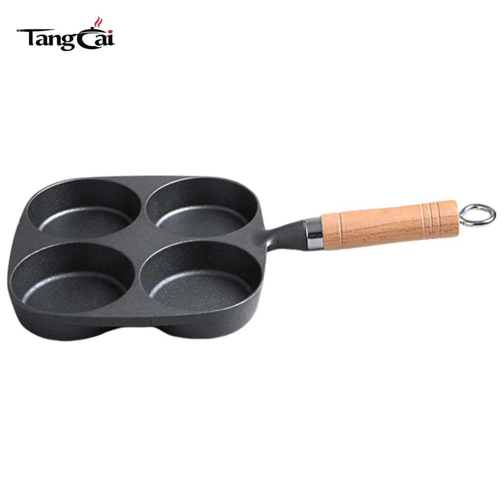 Mart&eacute;n para panqueques de hierro fundido presazonado para 4 tazas con mango de madera, plancha antiadherente con orificios m&uacute;ltiples para mini panqueques, huevos y desayuno