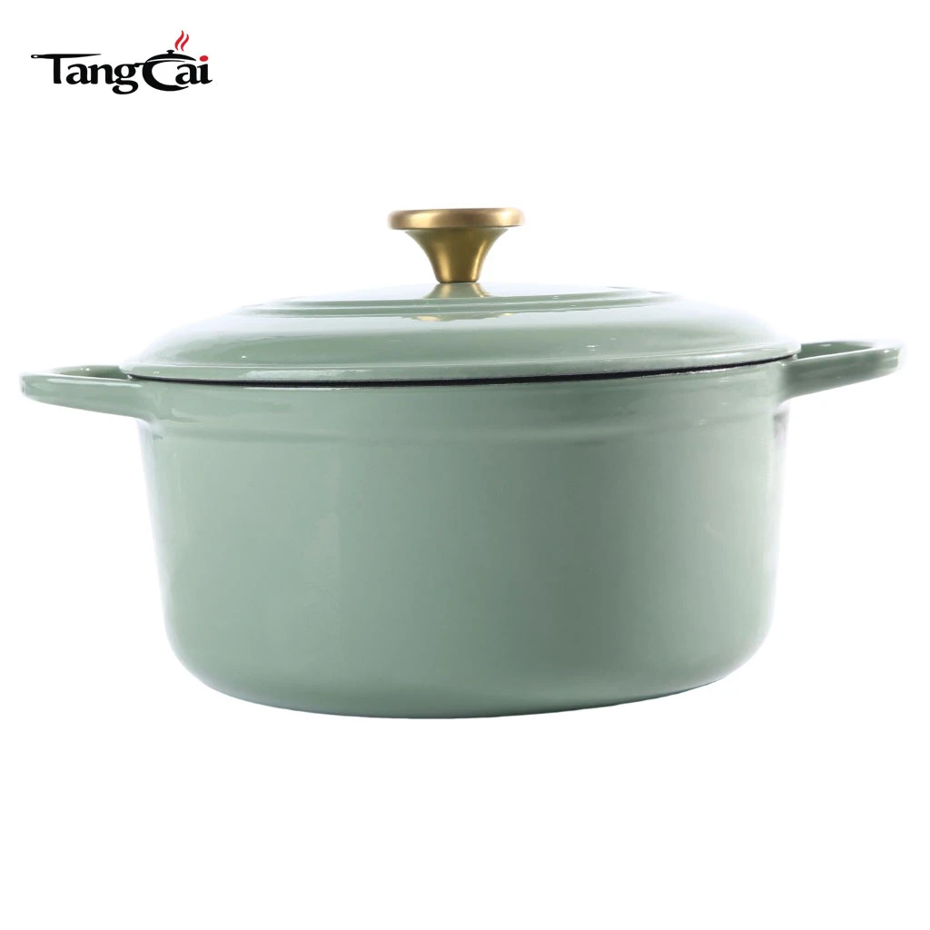 Hierro fundido esmaltado 5 cuartos moderno verde salvia Horno holand&eacute;s con perilla dorada para hornear pan con masa madre