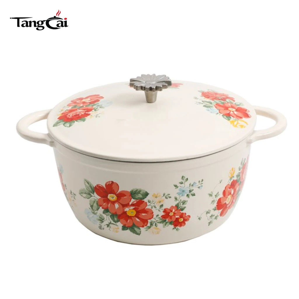 Horno holand&eacute;s vintage de hierro fundido esmaltado con flores rojas con tapa, cazuela apta para inducci&oacute;n para estofar, guisar y hornear masa madre