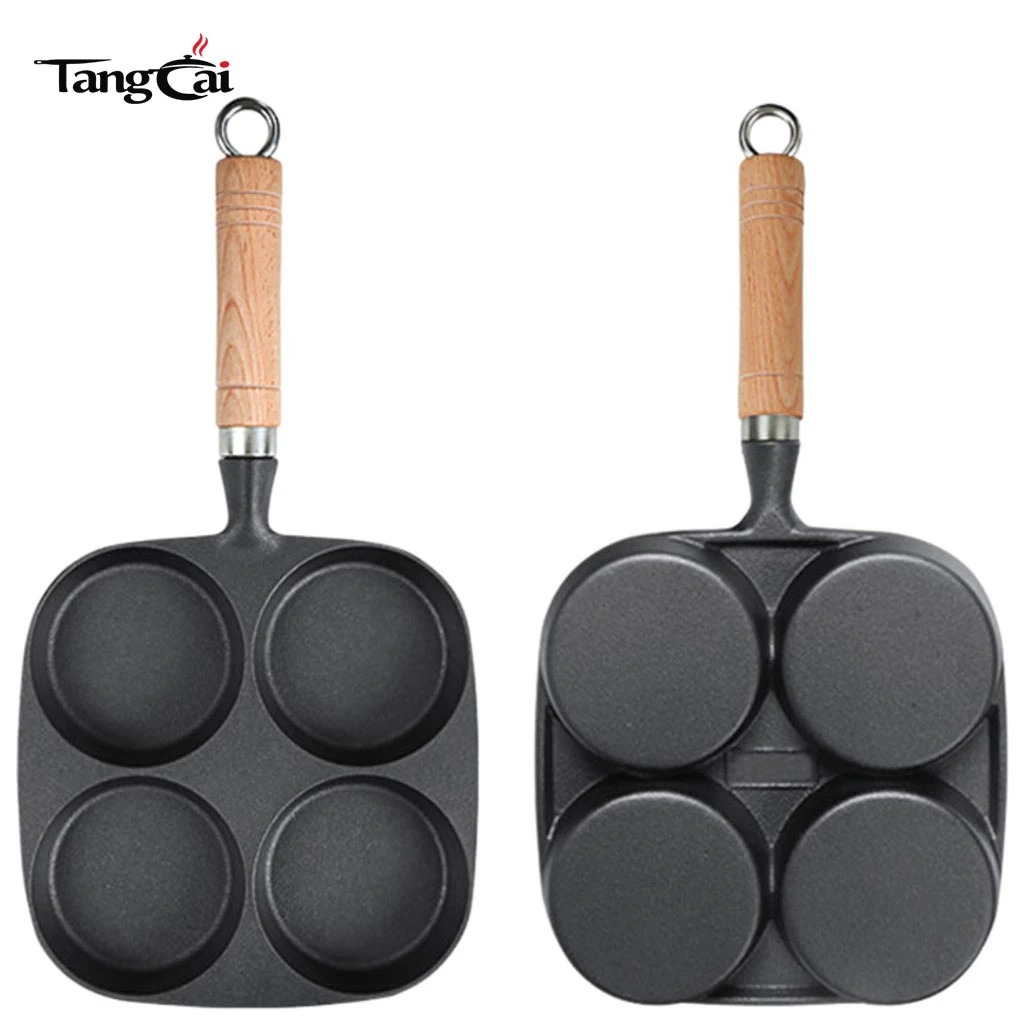 Mart&eacute;n para panqueques de hierro fundido presazonado para 4 tazas con mango de madera, plancha antiadherente con orificios m&uacute;ltiples para mini panqueques, huevos y desayuno