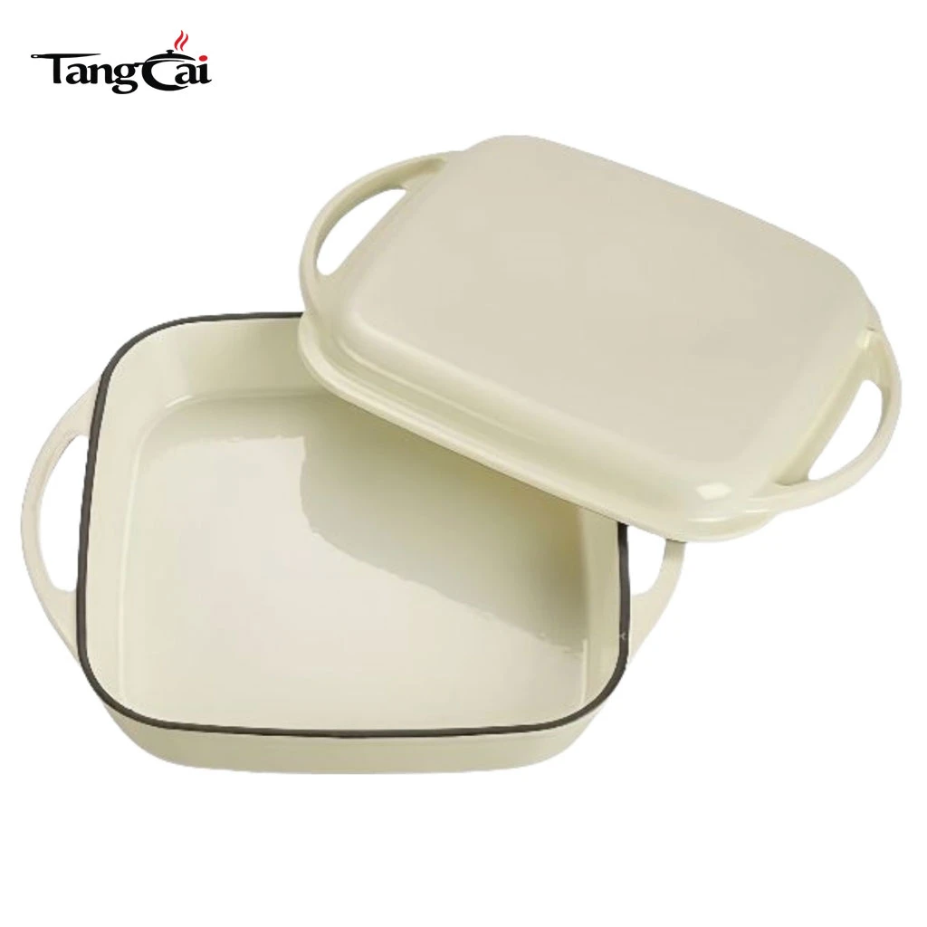 Olla combinada 2 en 1 de hierro fundido esmaltado en color blanco crema, bandeja para asar cuadrada con tapa para parrilla