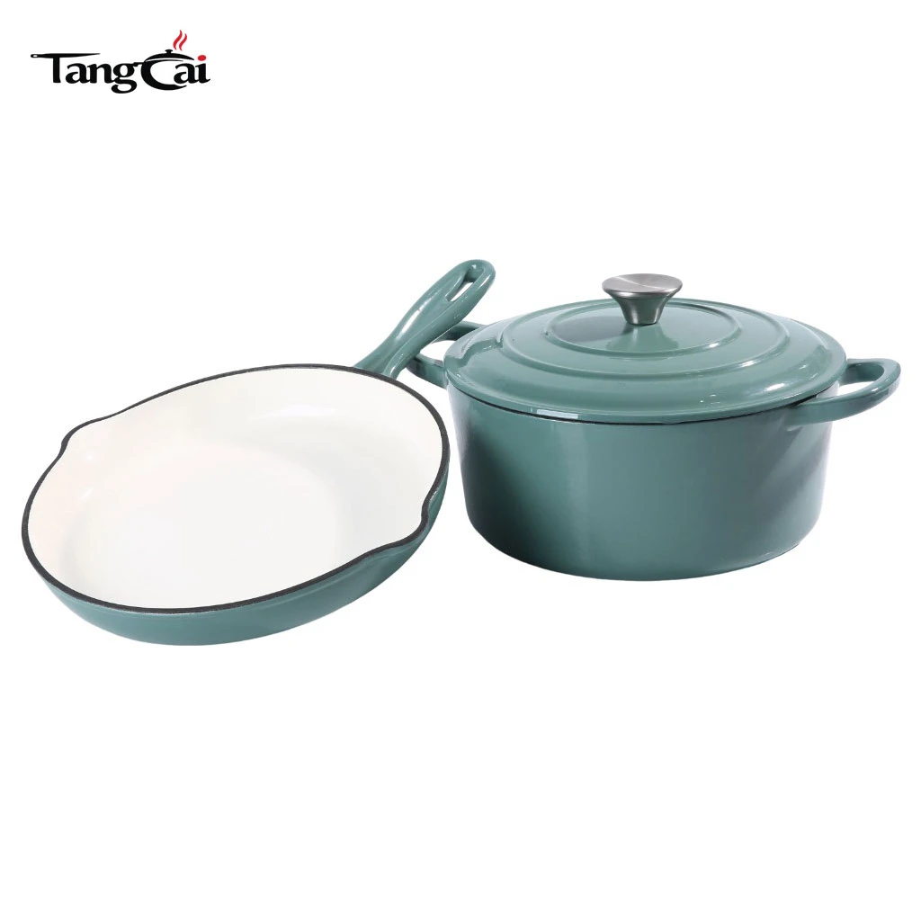 Juego de utensilios de cocina de hierro fundido esmaltado de 2 piezas al por mayor, f&aacute;brica de sartenes de hierro fundido y horno holand&eacute;s Juego de utensilios de cocina de hierro