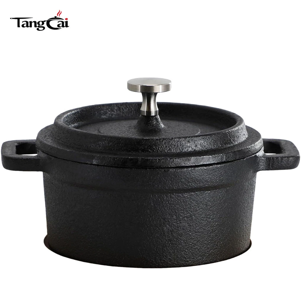Mini juego de cocotte de hierro fundido presazonado con tapas y salvamanteles de madera, peque&ntilde;os hornos holandeses para hornear, servir y comidas individuales
