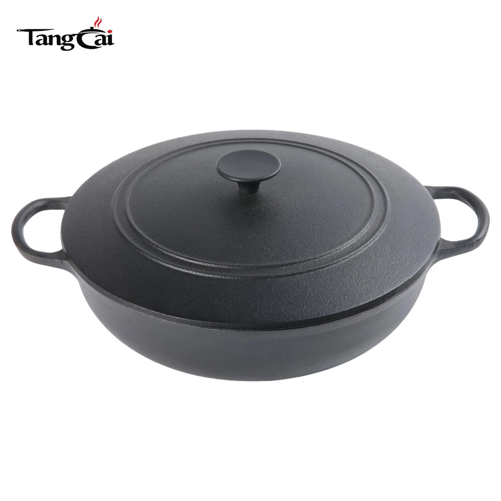 Sart&eacute;n para estofar poco profunda de hierro fundido previamente sazonado con tapa, ideal para dorar, estofar y asar en interiores y exteriores