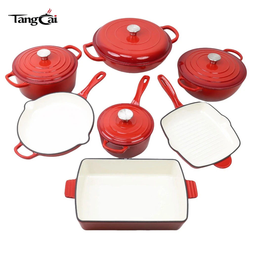 Juego de utensilios de cocina de hierro fundido esmaltado de 7 piezas al por mayor, ollas y sartenes multicolores, juegos de utensilios de cocina populares