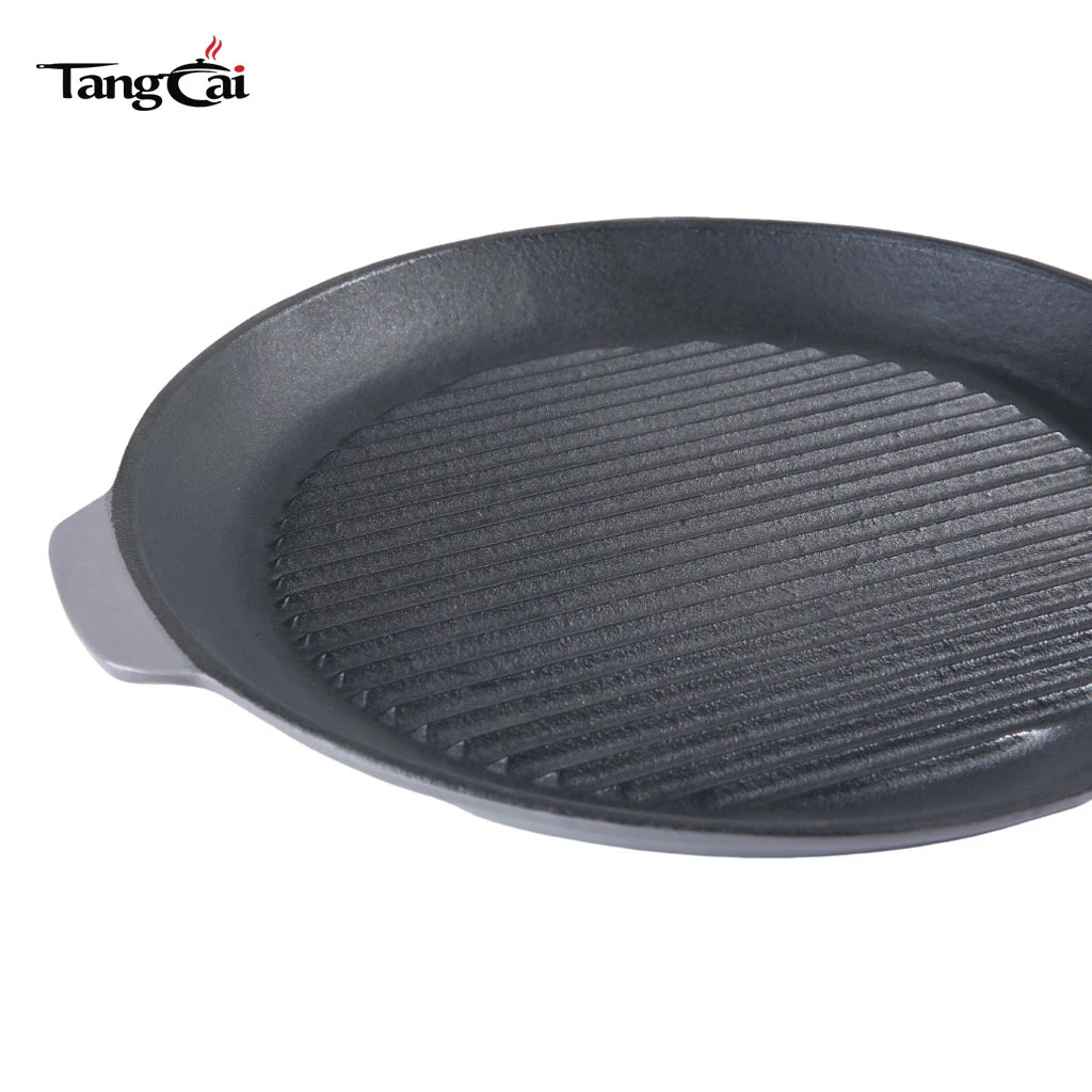 Sart&eacute;n estriada pre-sazonada personalizada Sart&eacute;n para parrilla redonda de hierro fundido con mango de madera extra&iacute;ble