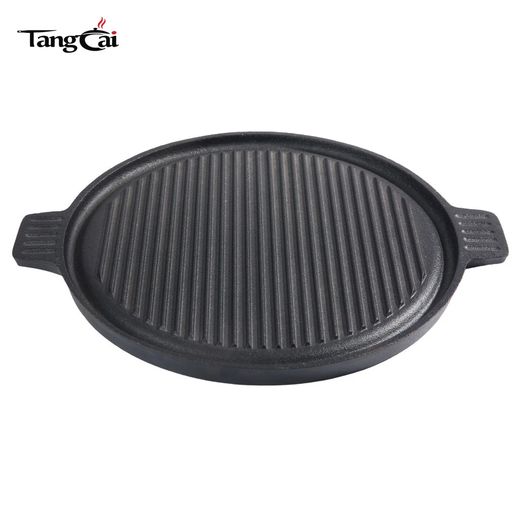 Sart&eacute;n para parrilla redonda de hierro fundido de estilo coreano con asas dobles - Sart&eacute;n para parrilla para barbacoa con ranuras antiadherentes