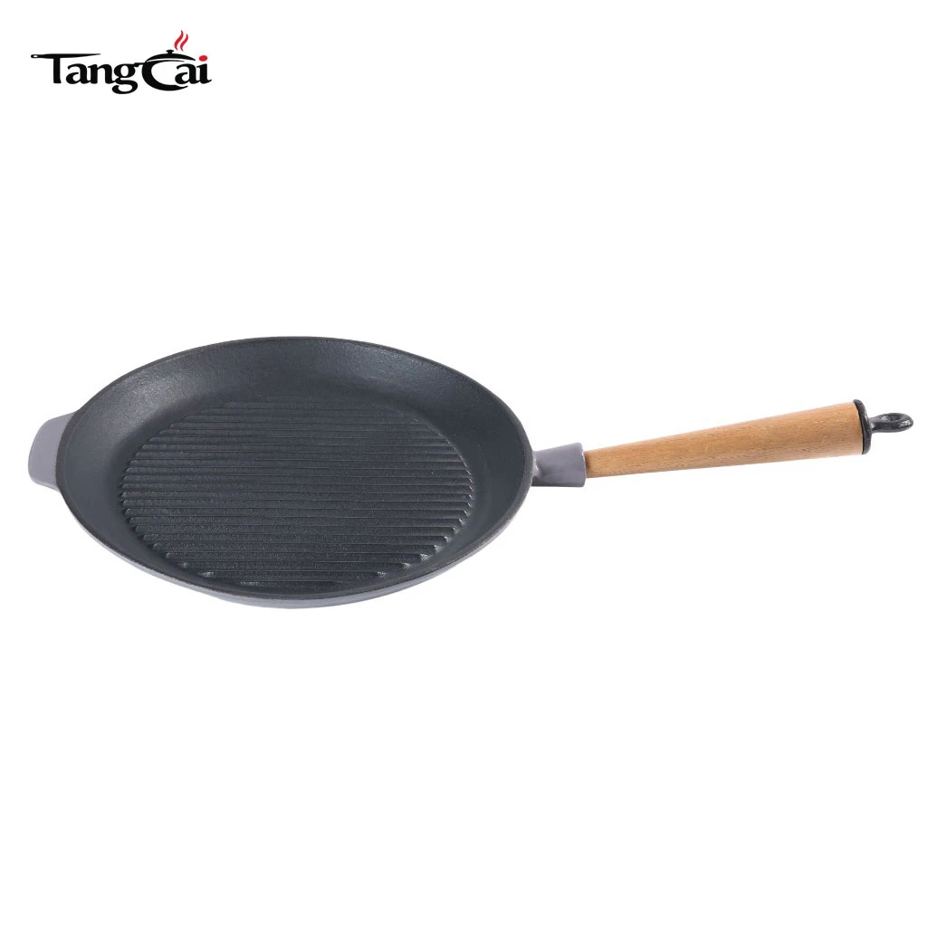 Sart&eacute;n estriada pre-sazonada personalizada Sart&eacute;n para parrilla redonda de hierro fundido con mango de madera extra&iacute;ble