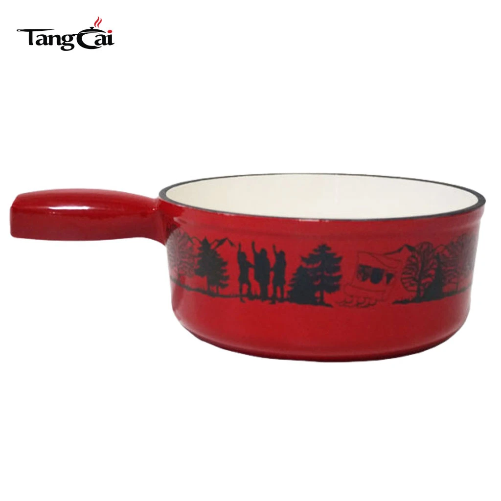 Olla para fondue de hierro fundido esmaltada en rojo personalizada con estampado de patr&oacute;n esc&eacute;nico