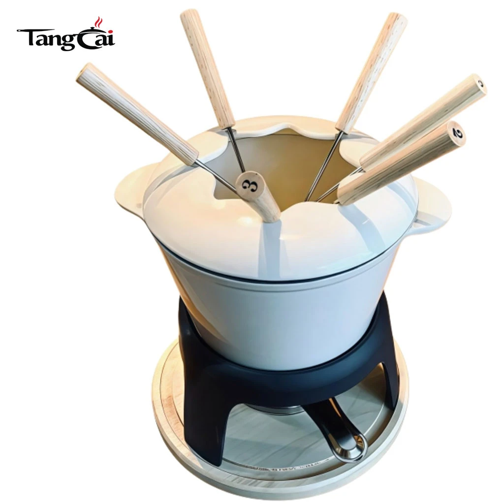Juego de fondue de hierro fundido esmaltado con soporte y tenedores de metal, crisol de chocolate de 1,6 cuartos de gal&oacute;n
