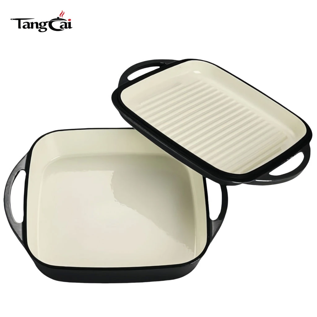 Olla combinada 2 en 1 de hierro fundido esmaltado en color blanco crema, bandeja para asar cuadrada con tapa para parrilla