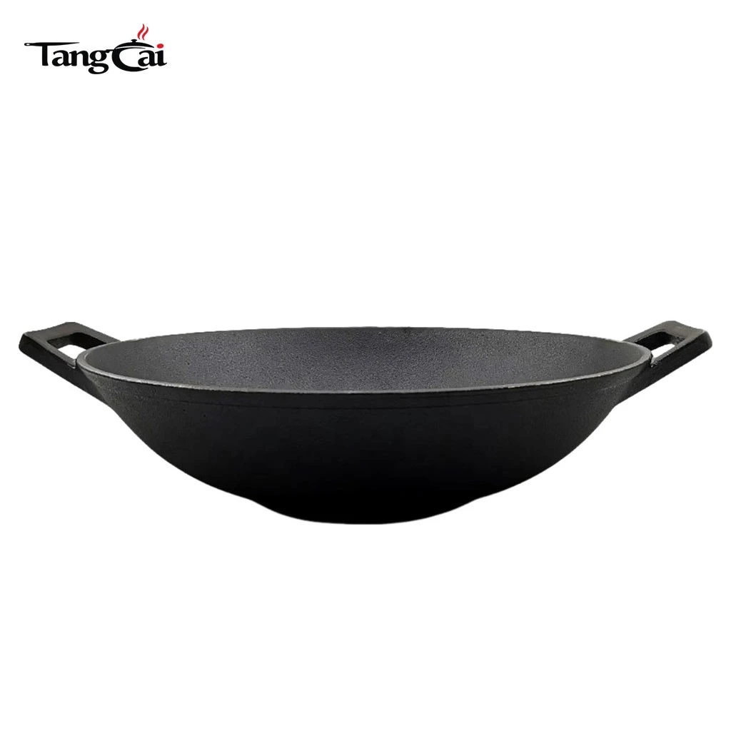 Wok grande de hierro fundido pre-sazonado de 14 pulgadas. Sart&eacute;n con asas dobles