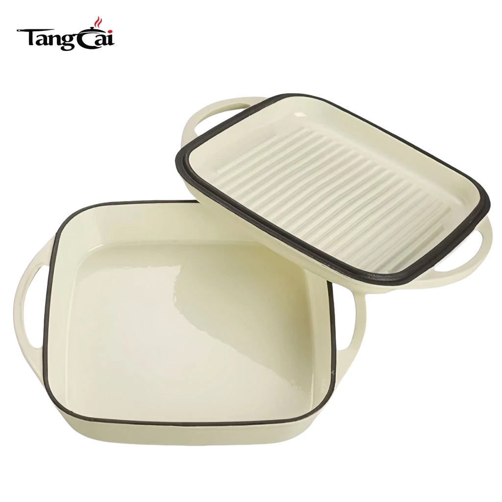 Olla combinada 2 en 1 de hierro fundido esmaltado en color blanco crema, bandeja para asar cuadrada con tapa para parrilla