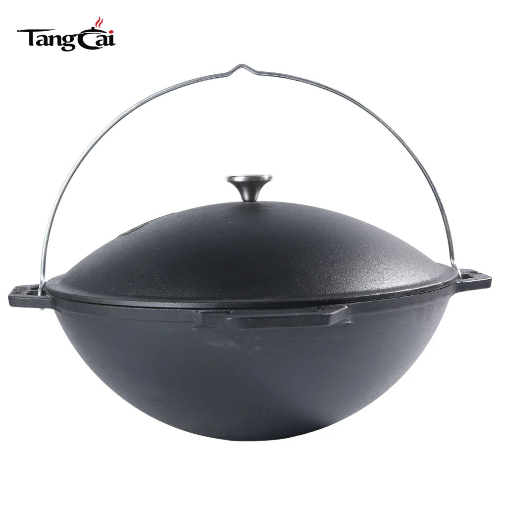 Popular caldero de hierro fundido pre-sazonado de 12 litros con tapa - Olla Kazan asi&aacute;tica grande de hierro fundido