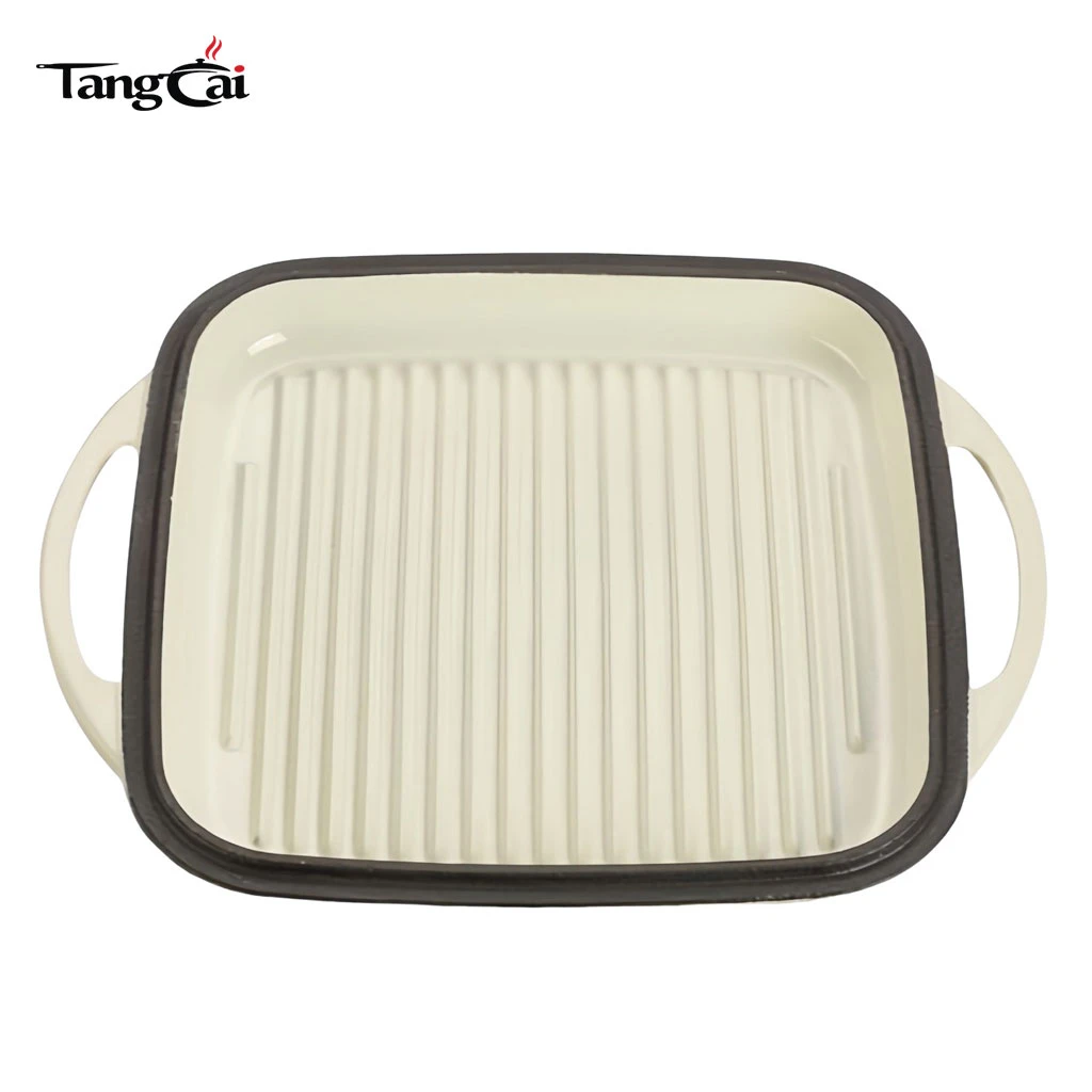 Olla combinada 2 en 1 de hierro fundido esmaltado en color blanco crema, bandeja para asar cuadrada con tapa para parrilla