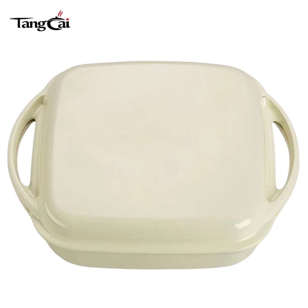 Olla combinada 2 en 1 de hierro fundido esmaltado en color blanco crema, bandeja para asar cuadrada con tapa para parrilla
