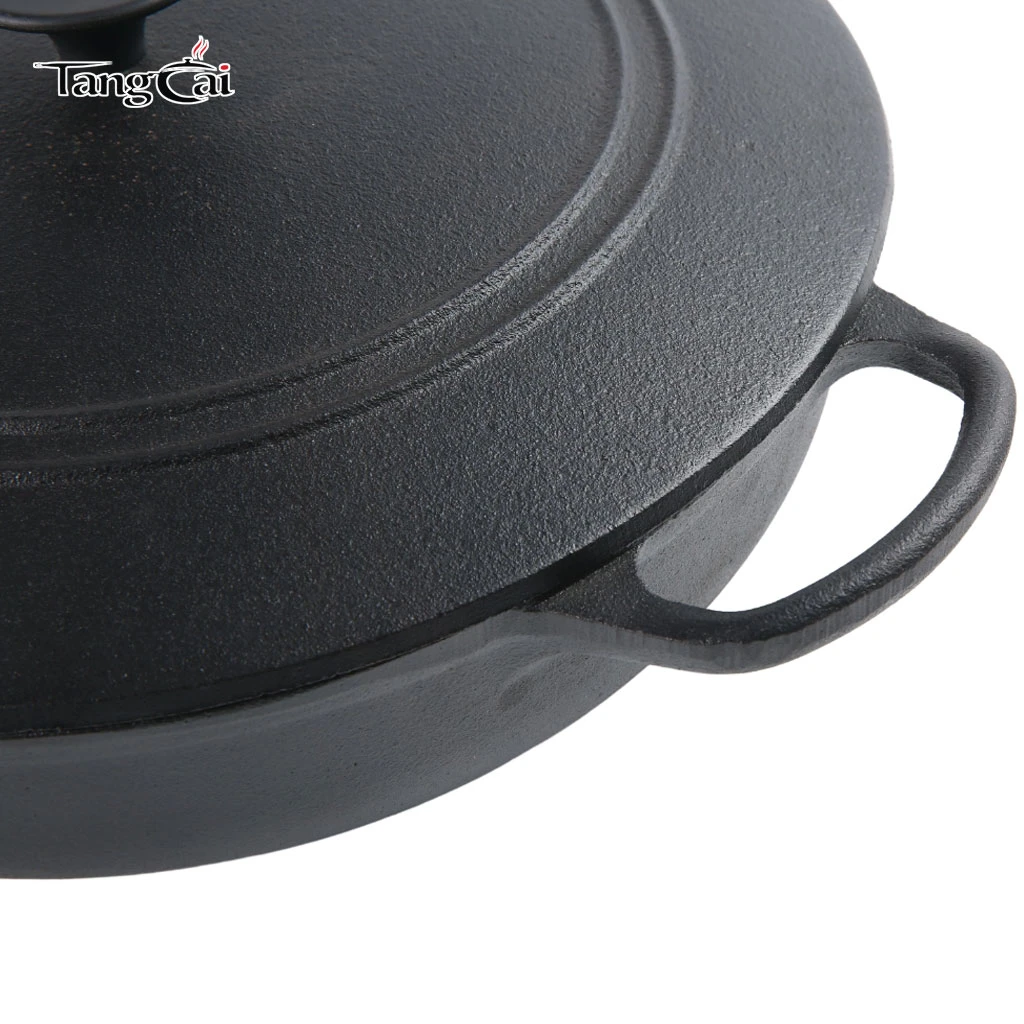 Sart&eacute;n para estofar poco profunda de hierro fundido previamente sazonado con tapa, ideal para dorar, estofar y asar en interiores y exteriores