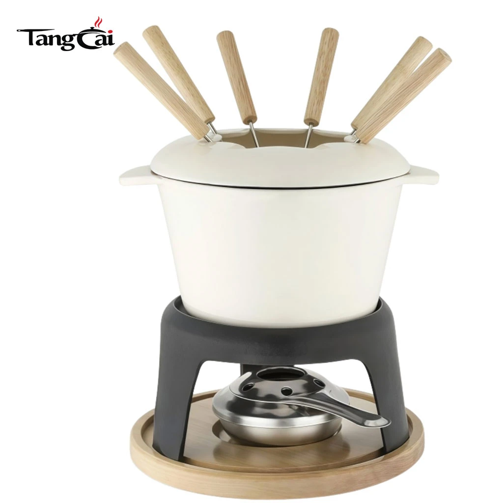 Juego de fondue de hierro fundido esmaltado con soporte y tenedores de metal, crisol de chocolate de 1,6 cuartos de gal&oacute;n