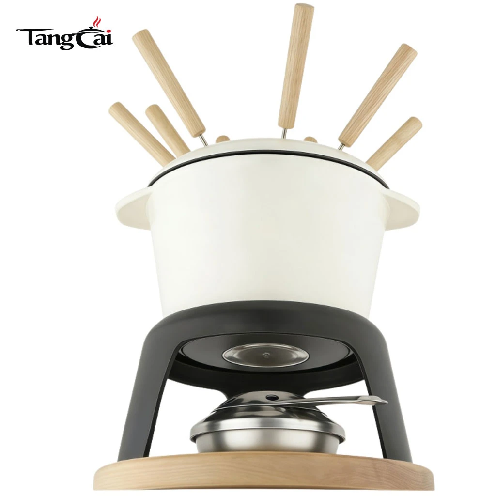 Juego de fondue de hierro fundido esmaltado con soporte y tenedores de metal, crisol de chocolate de 1,6 cuartos de gal&oacute;n