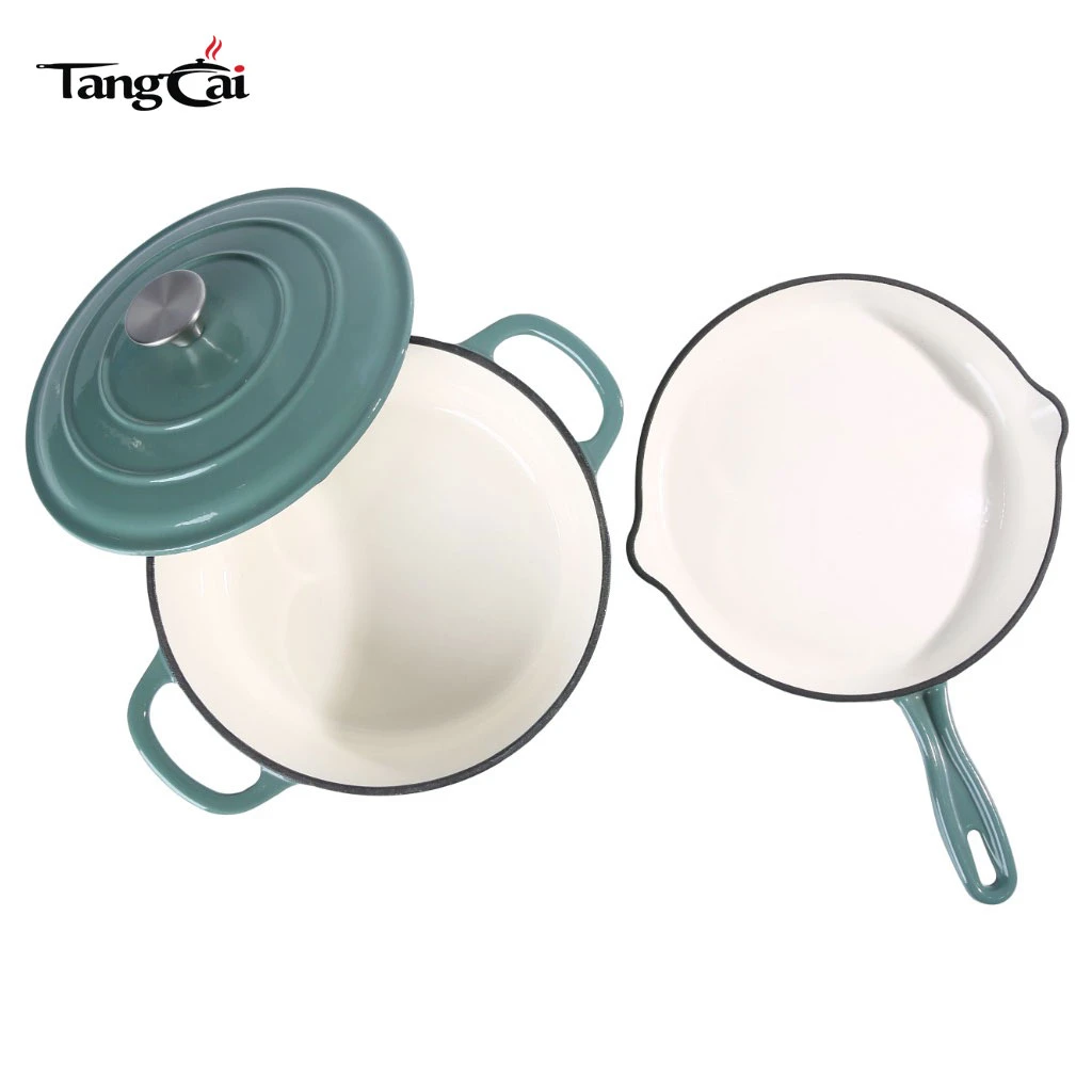 Juego de utensilios de cocina de hierro fundido esmaltado de 2 piezas al por mayor, f&aacute;brica de sartenes de hierro fundido y horno holand&eacute;s Juego de utensilios de cocina de hierro
