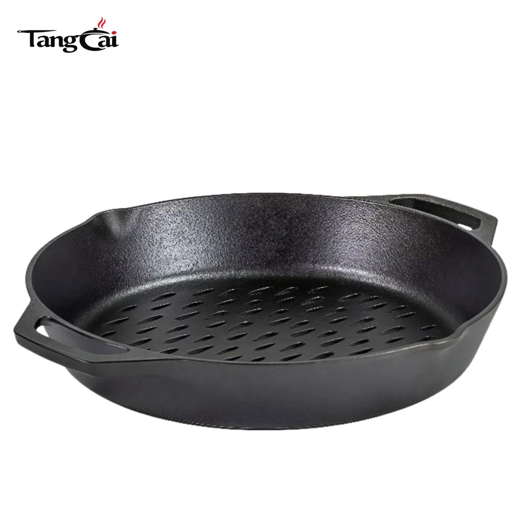 OEM y ODM de 12 pulgadas Sart&eacute;n para carne redonda presazonada con superficie de parrilla perforada antiadherente