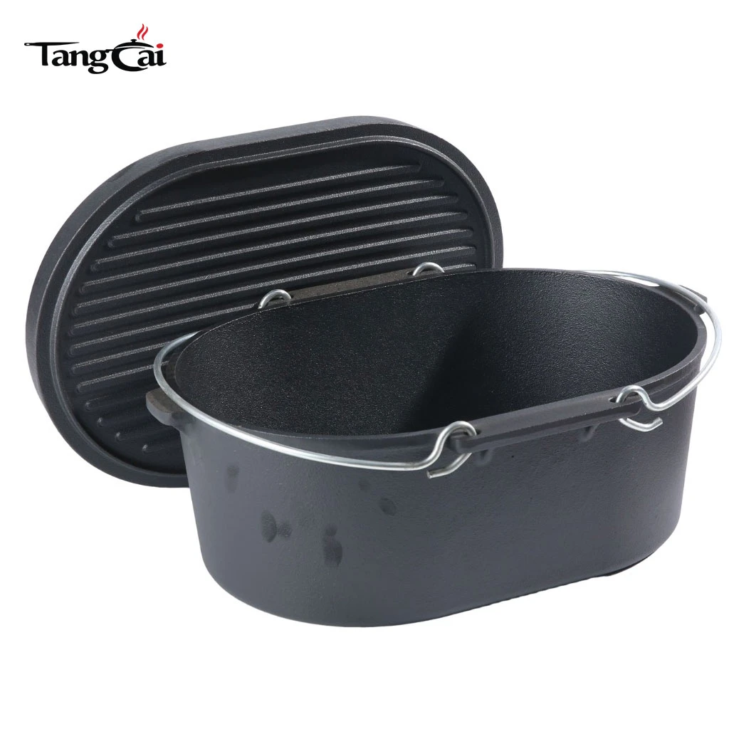 Utensilios de cocina para acampar Horno holand&eacute;s ovalado de hierro fundido con tapa para parrilla de 5,5 cuartos de gal&oacute;n
