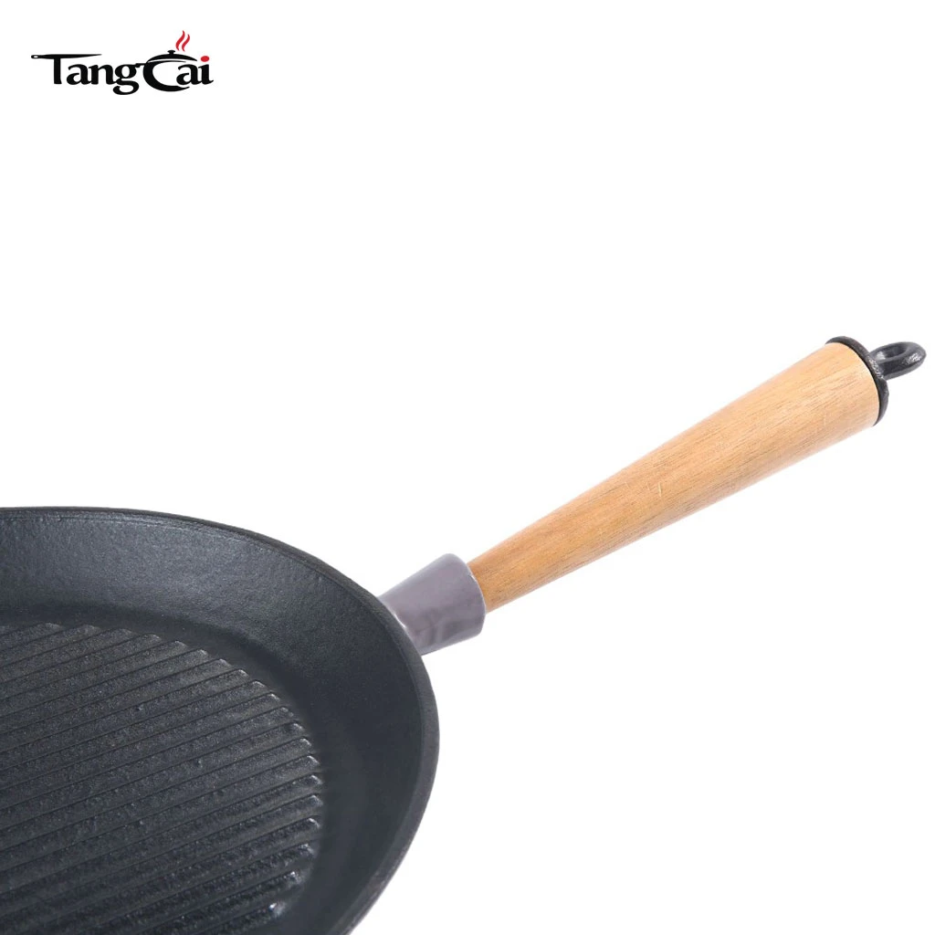 Sart&eacute;n estriada pre-sazonada personalizada Sart&eacute;n para parrilla redonda de hierro fundido con mango de madera extra&iacute;ble