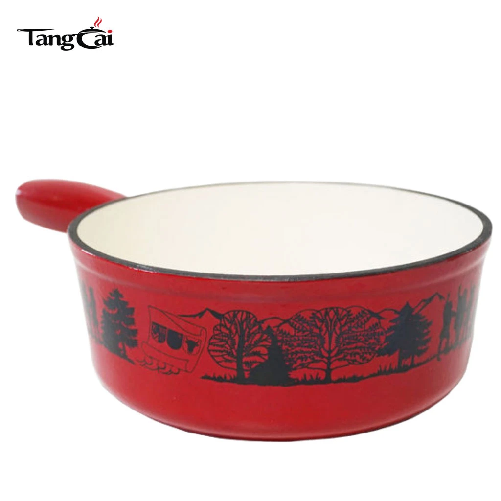 Olla para fondue de hierro fundido esmaltada en rojo personalizada con estampado de patr&oacute;n esc&eacute;nico