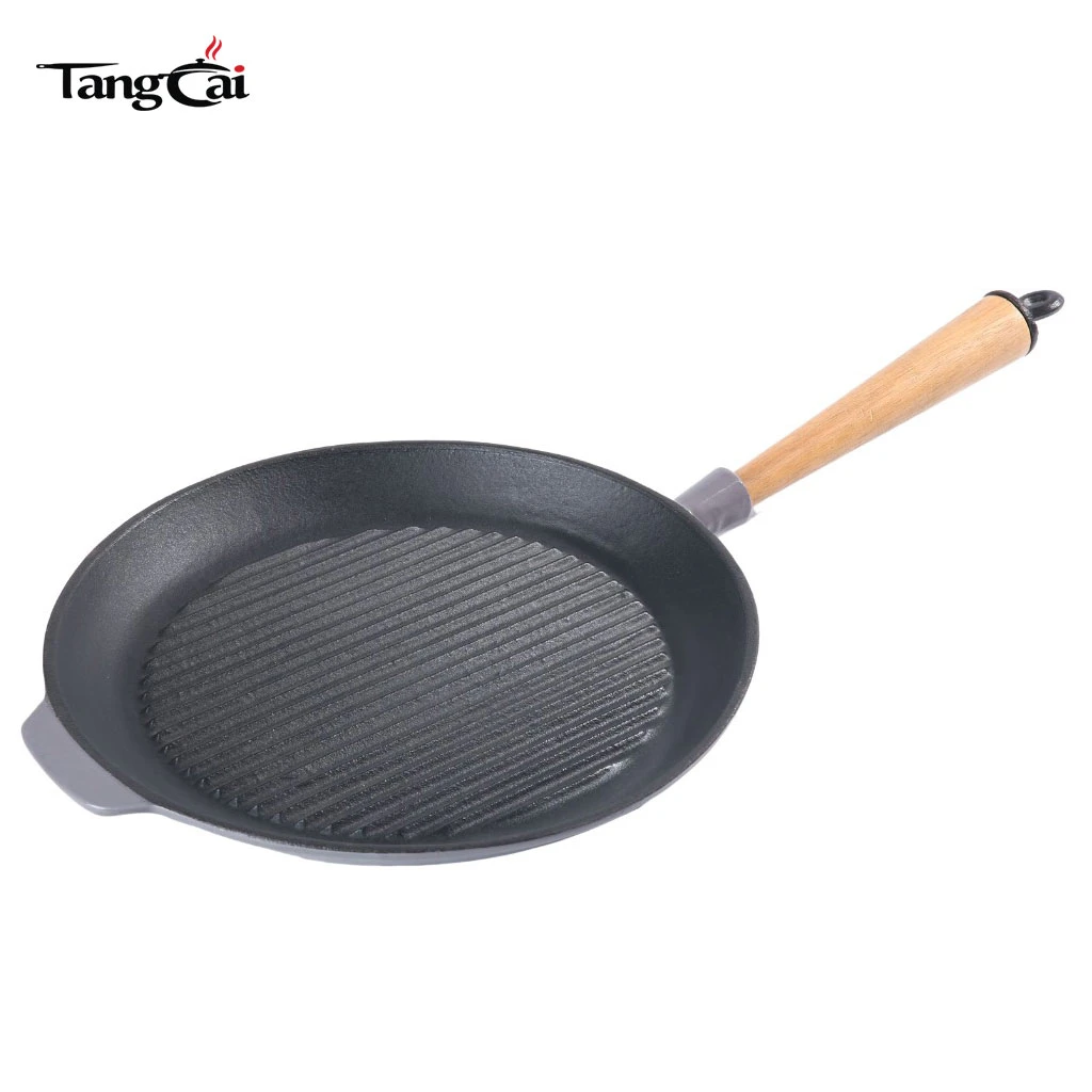 Sart&eacute;n estriada pre-sazonada personalizada Sart&eacute;n para parrilla redonda de hierro fundido con mango de madera extra&iacute;ble
