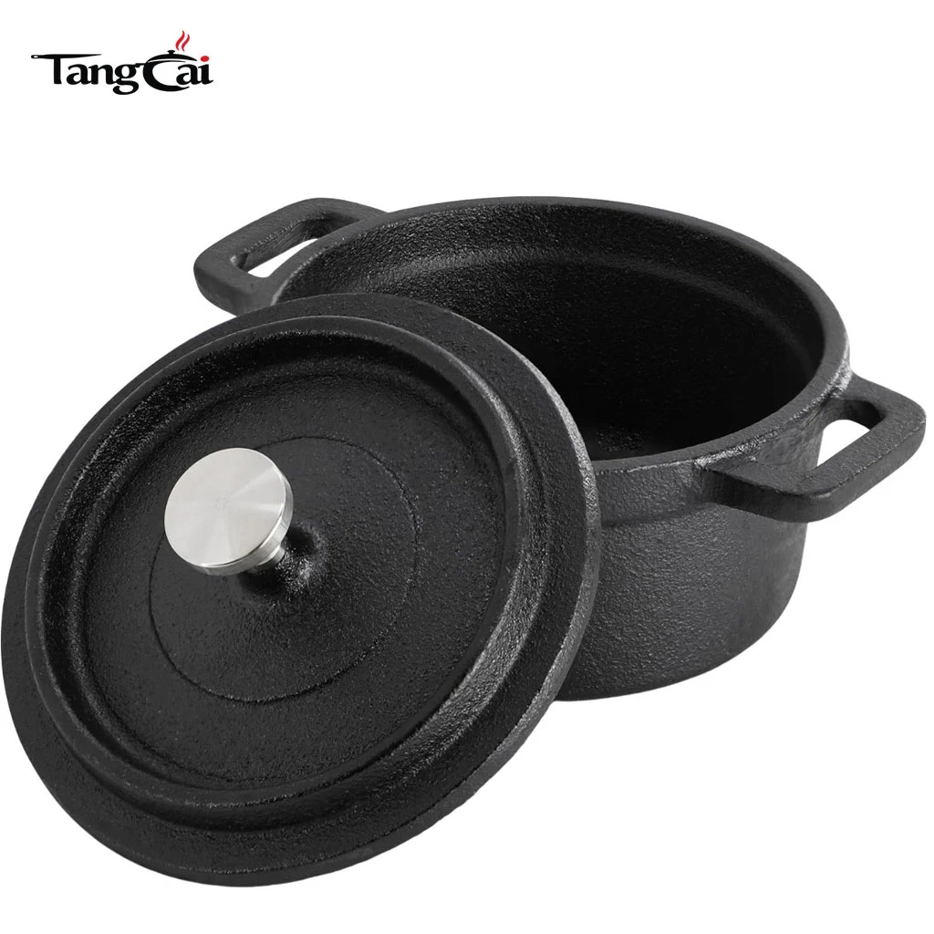 Mini juego de cocotte de hierro fundido presazonado con tapas y salvamanteles de madera, peque&ntilde;os hornos holandeses para hornear, servir y comidas individuales