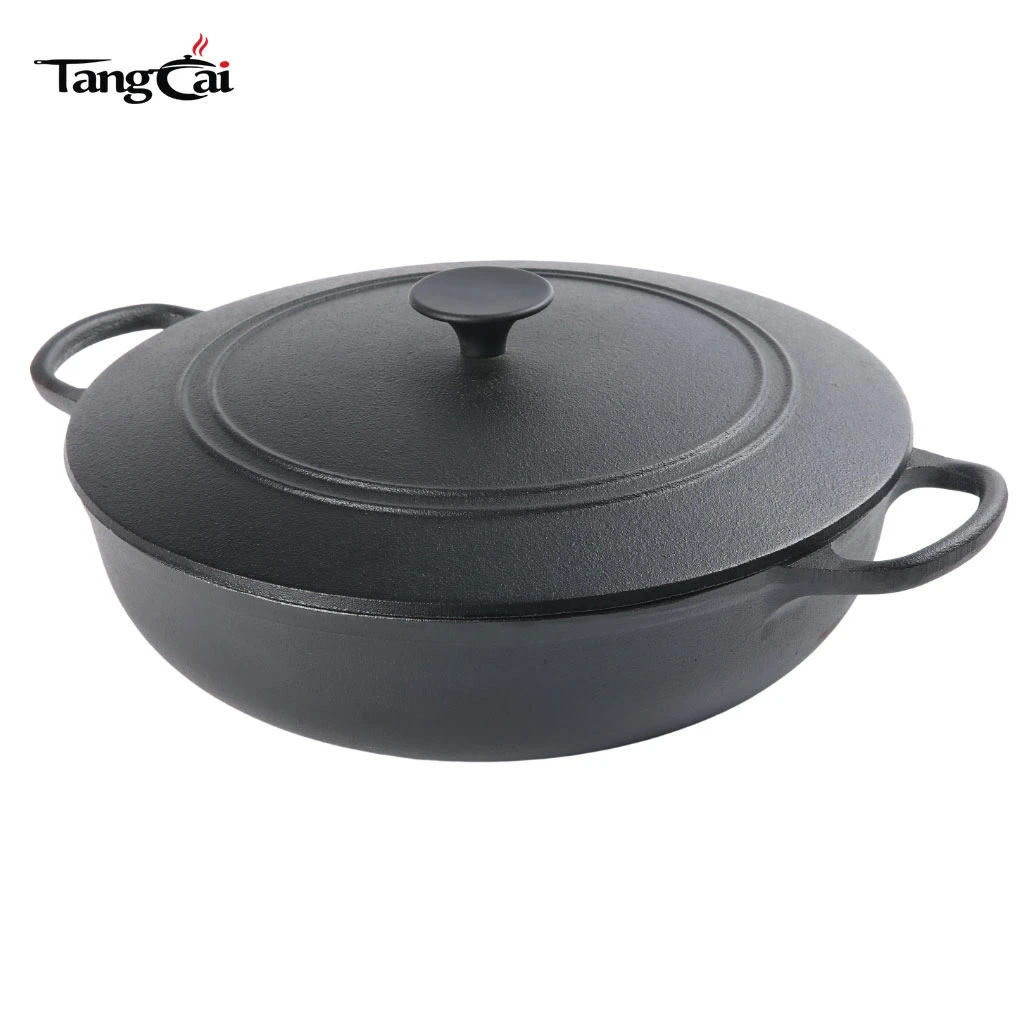Sart&eacute;n para estofar poco profunda de hierro fundido previamente sazonado con tapa, ideal para dorar, estofar y asar en interiores y exteriores