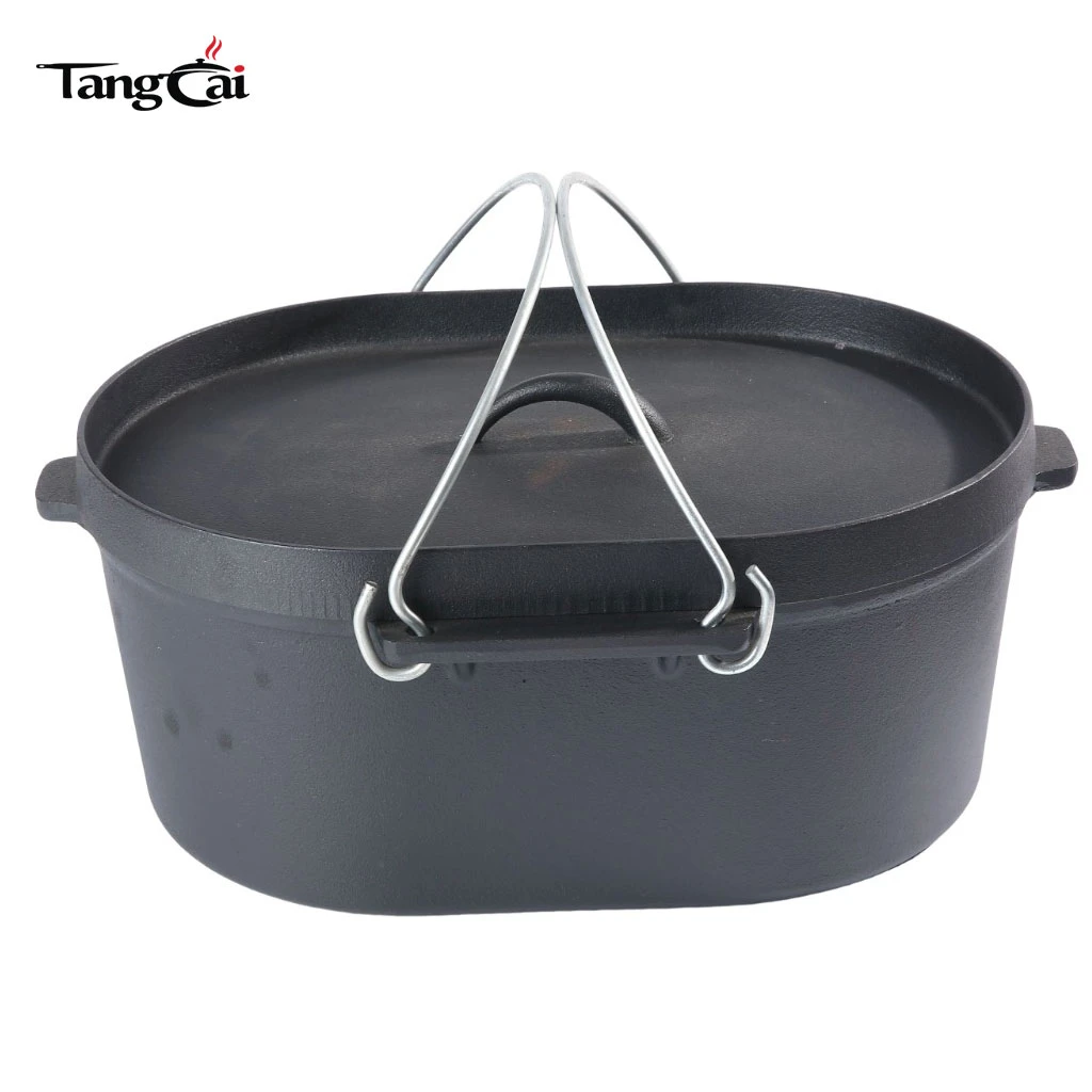 Utensilios de cocina para acampar Horno holand&eacute;s ovalado de hierro fundido con tapa para parrilla de 5,5 cuartos de gal&oacute;n