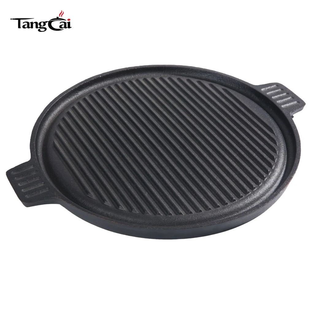Sart&eacute;n para parrilla redonda de hierro fundido de estilo coreano con asas dobles - Sart&eacute;n para parrilla para barbacoa con ranuras antiadherentes
