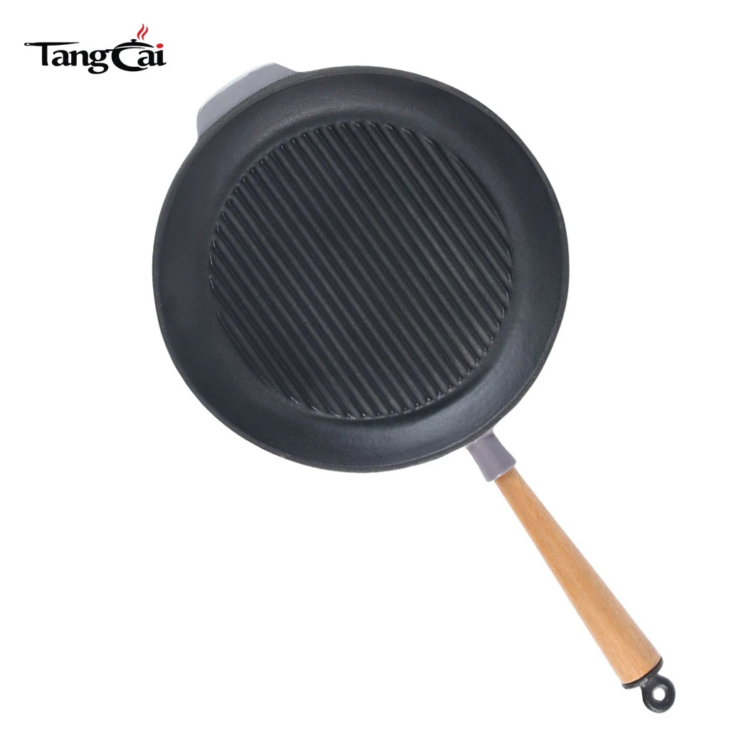 Sart&eacute;n estriada pre-sazonada personalizada Sart&eacute;n para parrilla redonda de hierro fundido con mango de madera extra&iacute;ble