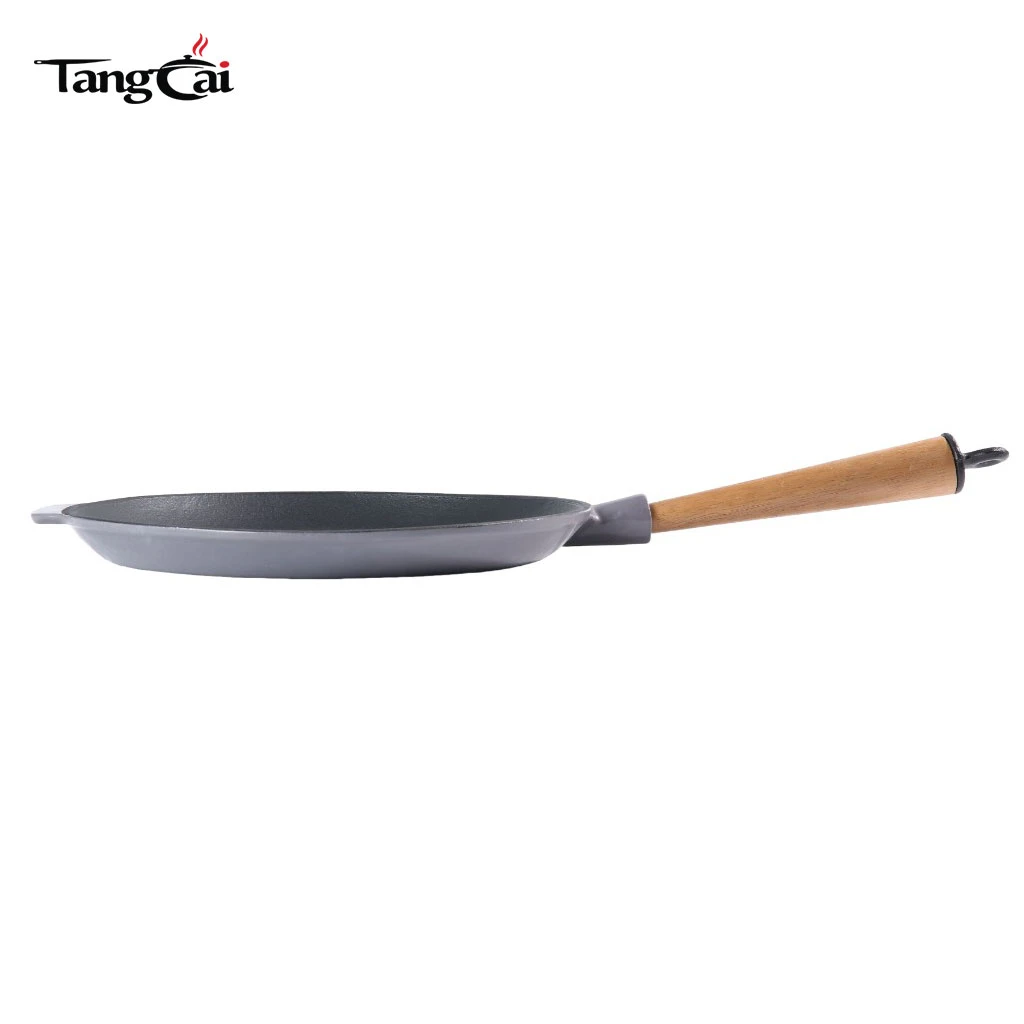 Sart&eacute;n estriada pre-sazonada personalizada Sart&eacute;n para parrilla redonda de hierro fundido con mango de madera extra&iacute;ble