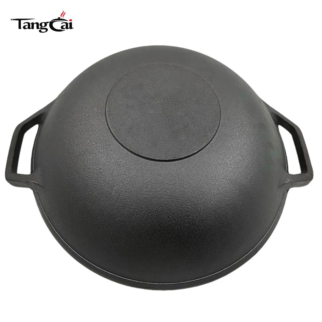 Wok grande de hierro fundido pre-sazonado de 14 pulgadas. Sart&eacute;n con asas dobles