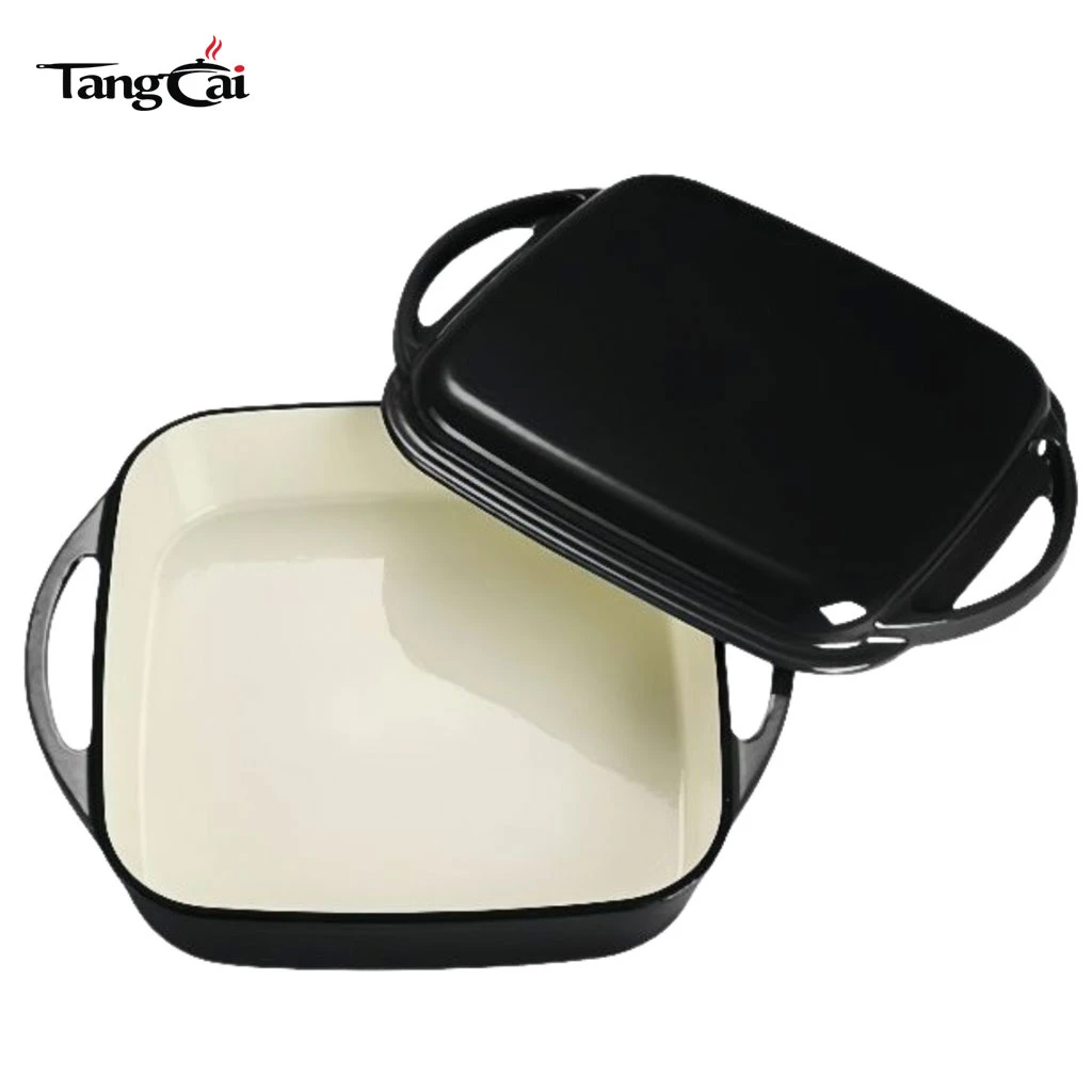 Olla combinada 2 en 1 de hierro fundido esmaltado en color blanco crema, bandeja para asar cuadrada con tapa para parrilla
