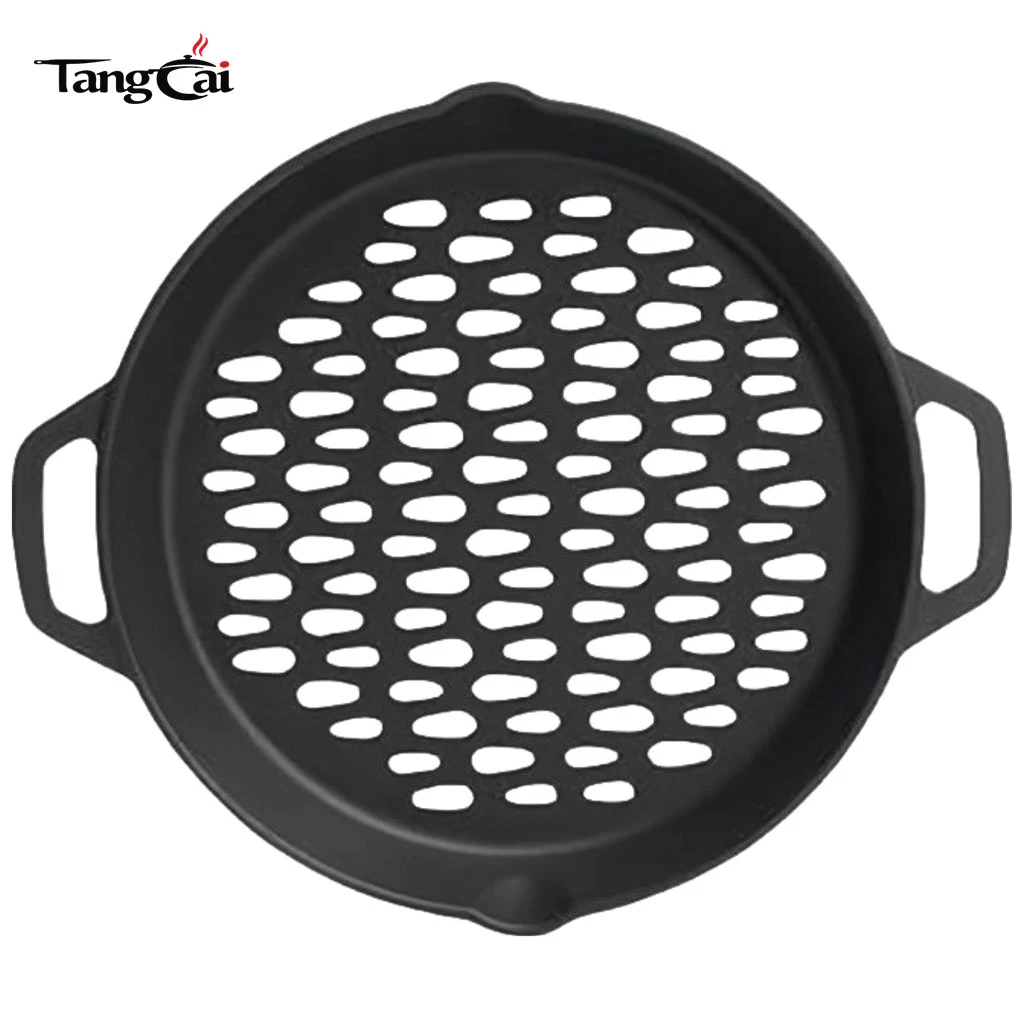 OEM y ODM de 12 pulgadas Sart&eacute;n para carne redonda presazonada con superficie de parrilla perforada antiadherente