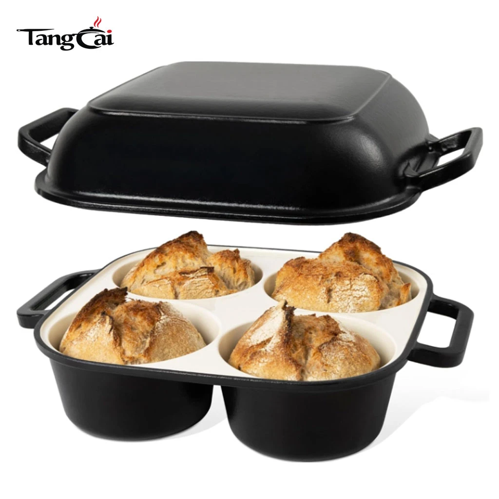 Molde para pan de hierro fundido esmaltado para 4 tazas, olla combinada 2 en 1 con tapa, mini fuente para hornear pan de masa madre para compradores globales